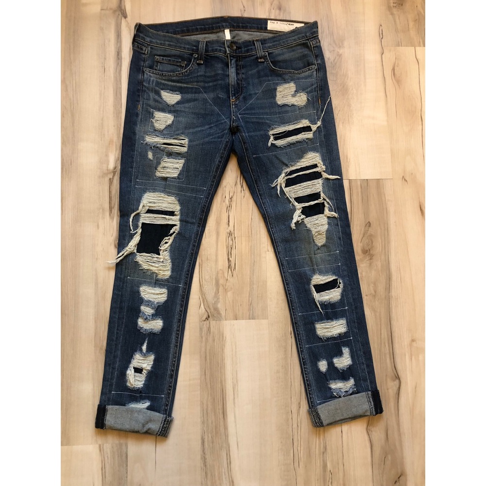 Rag & Bone Dre Slim Boyfriend Jeans Ada Brigade Distressed Patched Blue Size 29